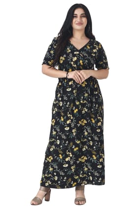 Black & Yellow Floral Printed Maxi Dress-L / Black
