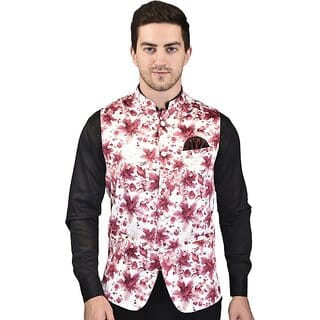 PrintCulture Men Printed Maroon Cotton Blend Nehru Jacket