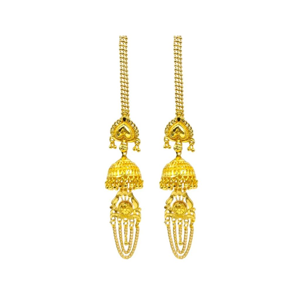 Attractive Sister Gold Plated Jhumka Earrings with Hair Chain β Royal Ethnic Jewelry for Women