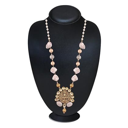 Gold-Plated Goddess Lakshmi Long Necklace with Kundan and Pe