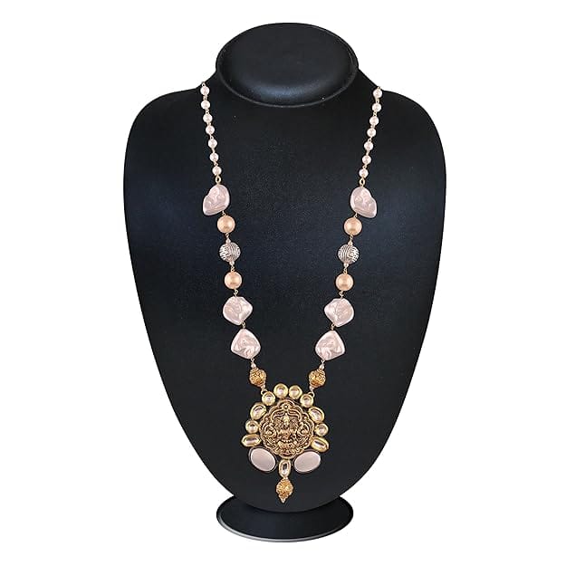 Gold-Plated Goddess Lakshmi Long Necklace with Kundan and Pe