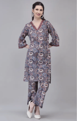 Dark Blue Cotton Hand Block Printed Co-ord Set