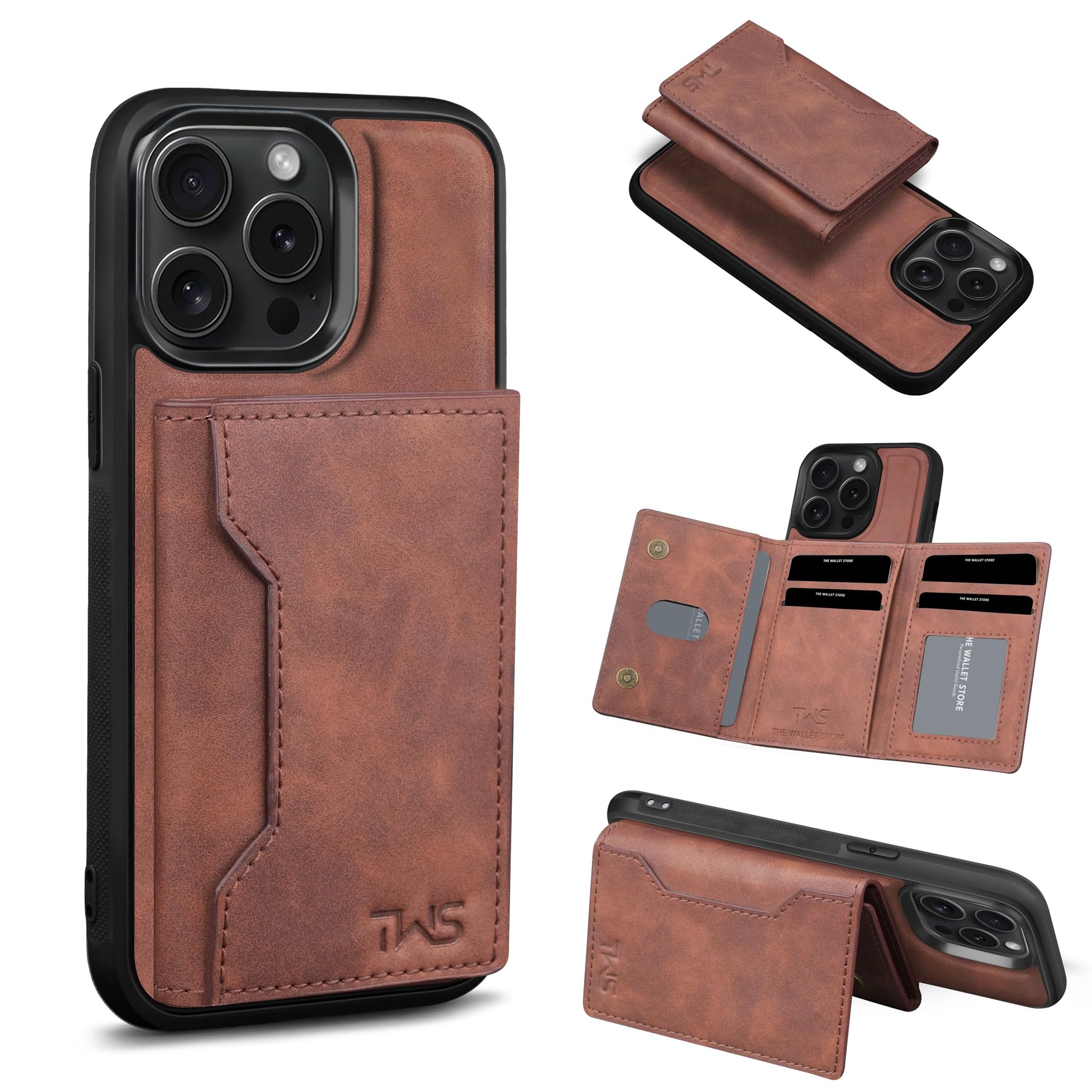 The Wallet Store Premium Leather iPhone Case Cover With Detachable Cardholder - Brown - iPhone 15 Pro Max