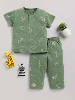 Cute Animal Print Green Half Sleeve Cotton Nightwear Set-3-6 m