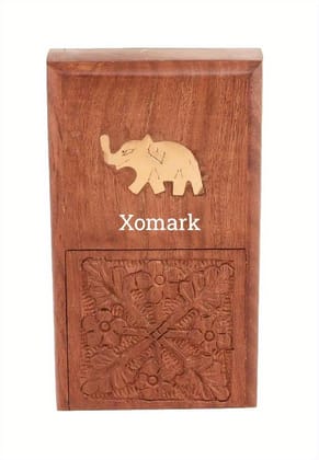 Brown Wooden Cigarette Case With Brass Elephant Inlay, Handcrafted Storage Box With Floral Carving, Vintage Style Holder