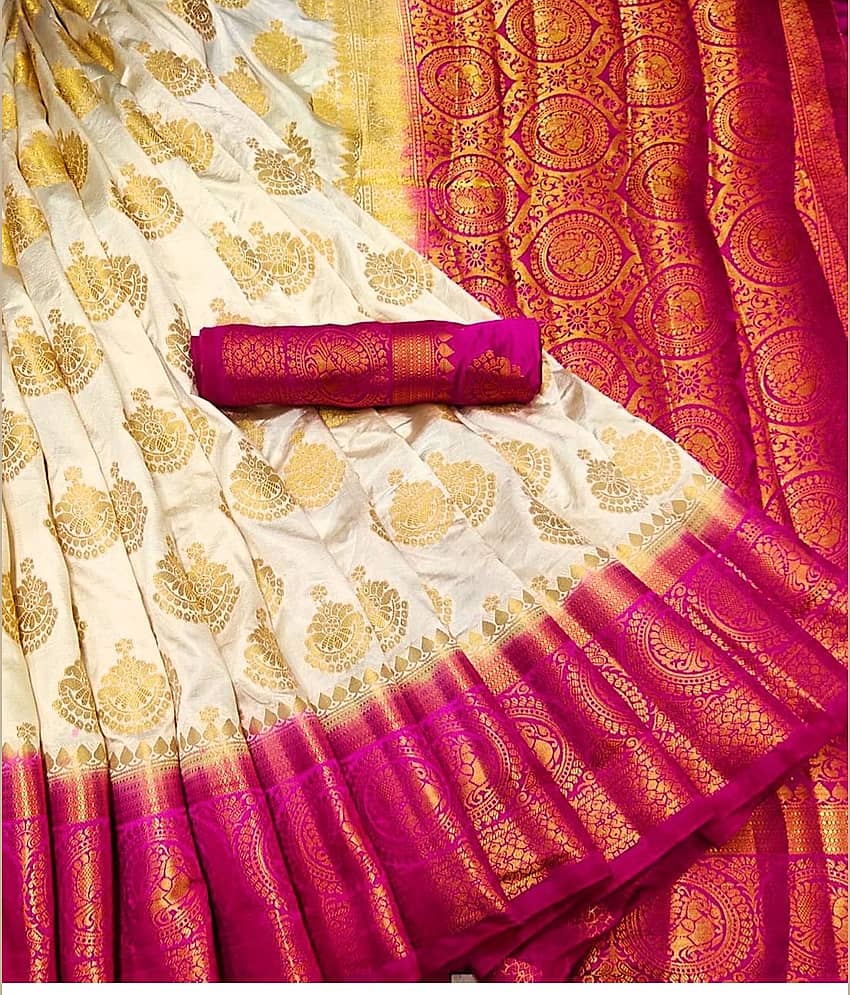 fab woven Banarasi Silk Self Design Saree With Unstitched Blouse Piece ( White )