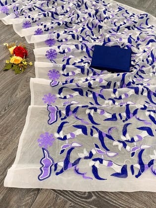 White Organza Saree with Embroidery  by SHIV TEXTILES