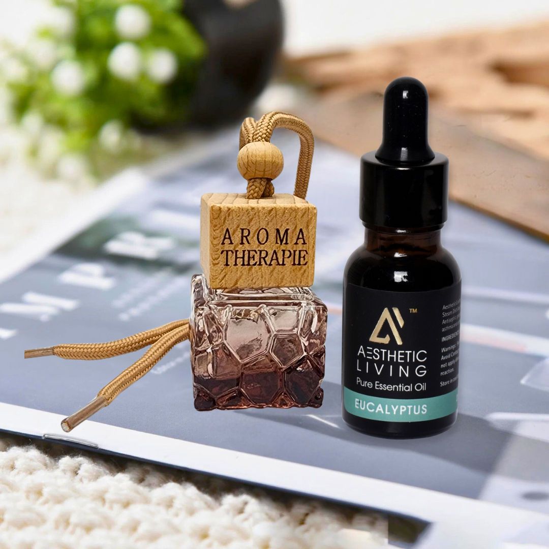 Aesthetic Living Car Aromatizer Diffuser Bottle with Essential Oil (Square Colored Transparent Combo- 10 ml + Eucalyptus Essential Oil, 15 ml)