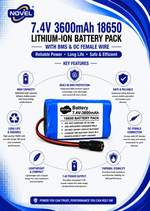 NOVEL 11.1V - 12V 18650 BMS LITHIUM ION BATTERY PACK WITH DC MALE + FEMALE- 3600mAh