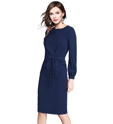 Women's Knitting Stretchable Solid Round Neck Full Sleeve Dresses (Blue, M)-PID56800