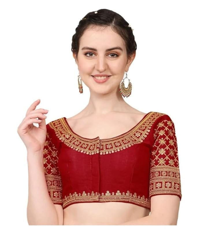 Women's Silk Embroidery Coding Round Neck Short Sleeve Readymade Blouse (Maroon, Free Size)-PID57749