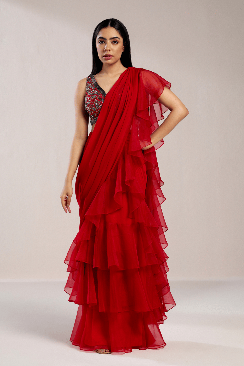 FUCHSIA RUFFLE SAREE WITH GREY EMBROIDERED BLOUSE-XS
