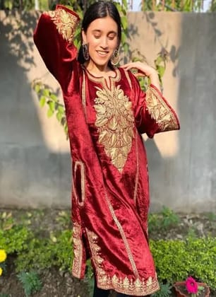 Heavy Embroidered Pure Makhmal Phiran in deep reds