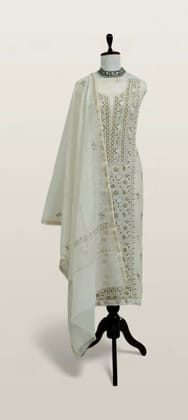 Chikankari Mul Chanderi Dress Material Ivory Tonal Floral