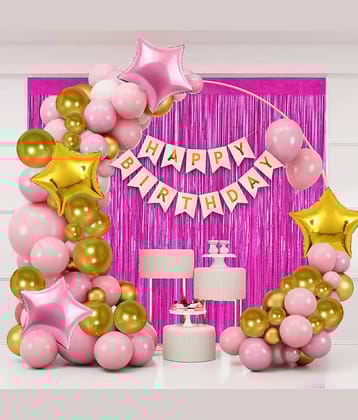 Urban Classic Pink Gold Happy Birthday Decoration pack of 59 pcs -25 Pcs Pink Metallic Balloon, 25 Pcs Gold Metallic Balloon, 2 Pink curtains,2pcs Gold star & 2pcs pink star foil balloons, 1 Pc Pink Happy Birthday Banner, Glue Dot, Arch Strip.