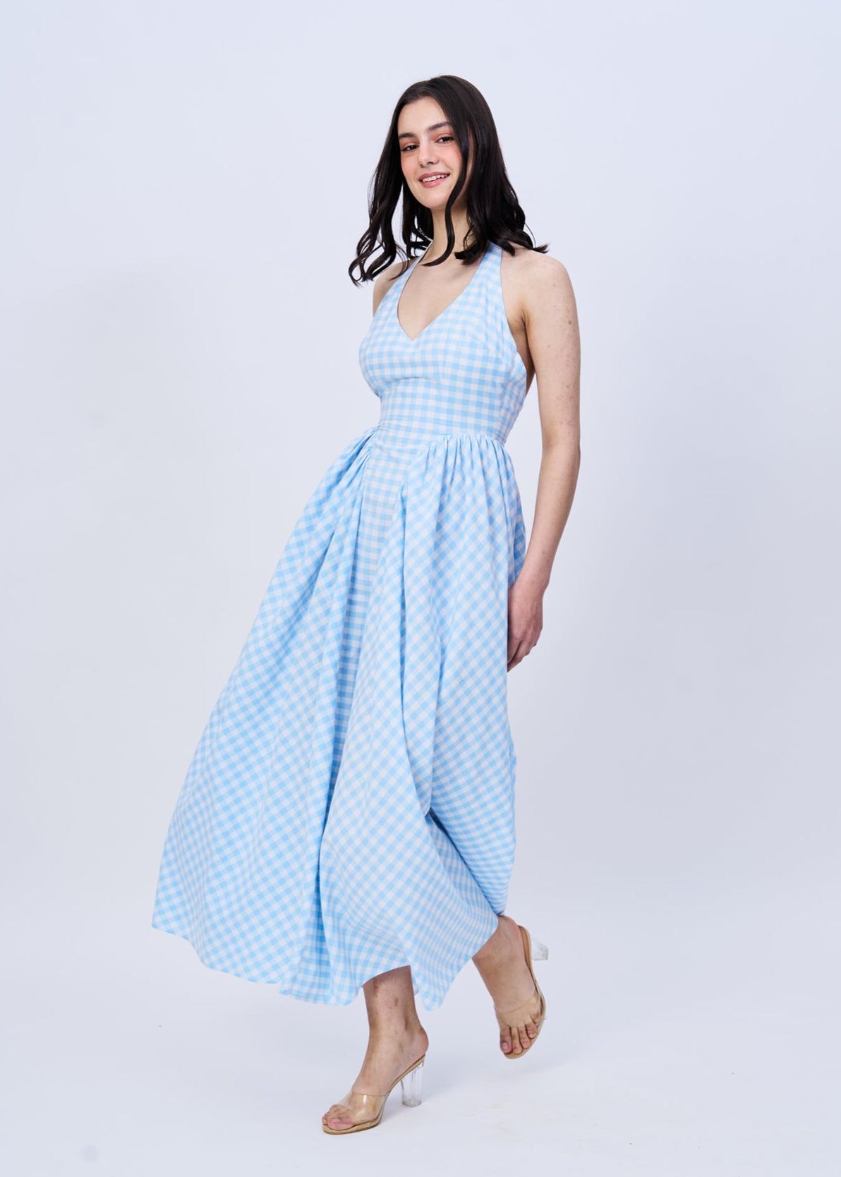 Poppy (fit and flare gingham midi dress)-Blue / XS