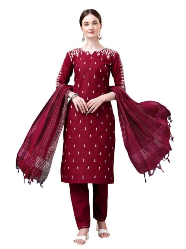 Women's Casual 3-4 th Sleeve Embroidery Cotton Kurti Pant Dupatta Set (Maroon, XL)-PID50237