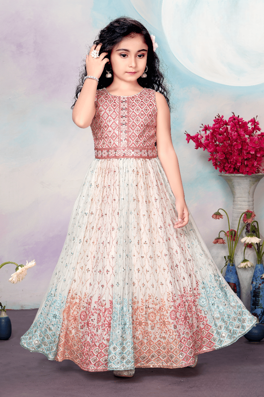 Girls Cream Embroidered Party Wear Gown-662 CRM / Cream / 24
