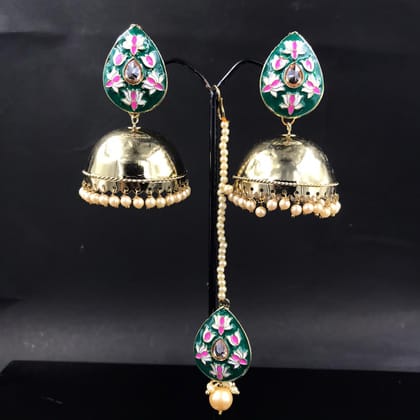 Kundan Pearl Earrings Jhumkas Design-Dark-green