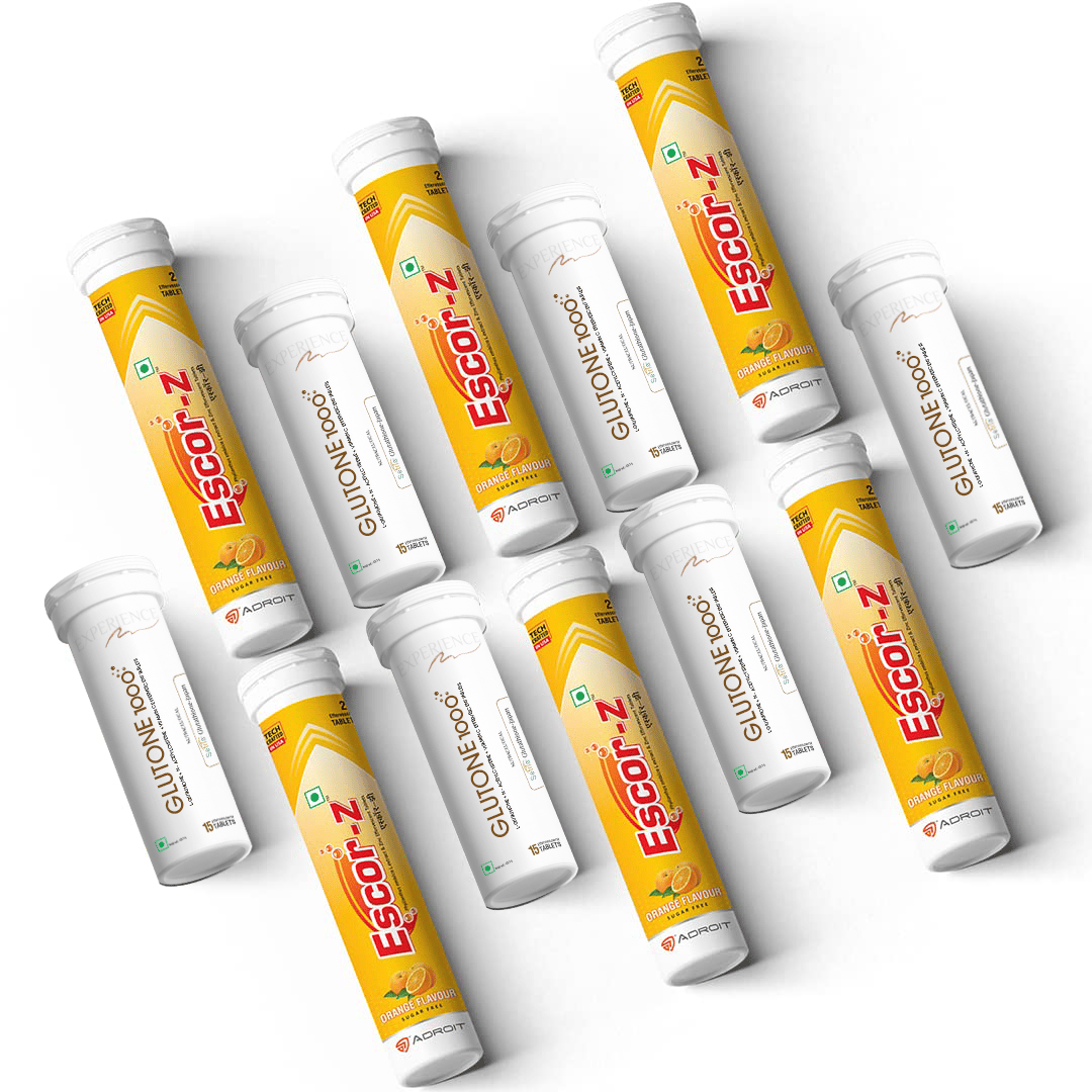 Glutone 1000 & Escor-Z Combo Pack| Setria L-Glutathione, Vitamin C Effervescent Tablets| Healthy Skin| 15 (6) + 20 (6) Tablets (Orange Flavour)