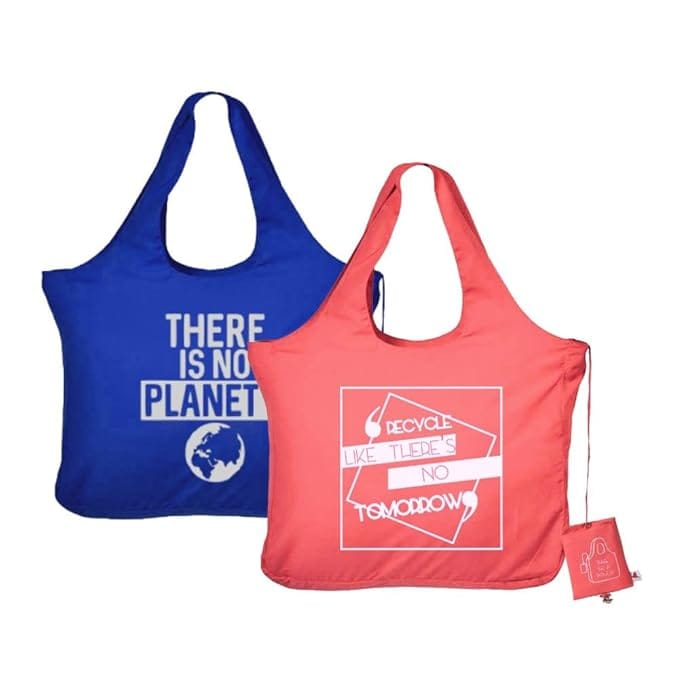 IVILLAGE Reusable Foldable Fabric Tote Bag Blue Pink Pack of 2