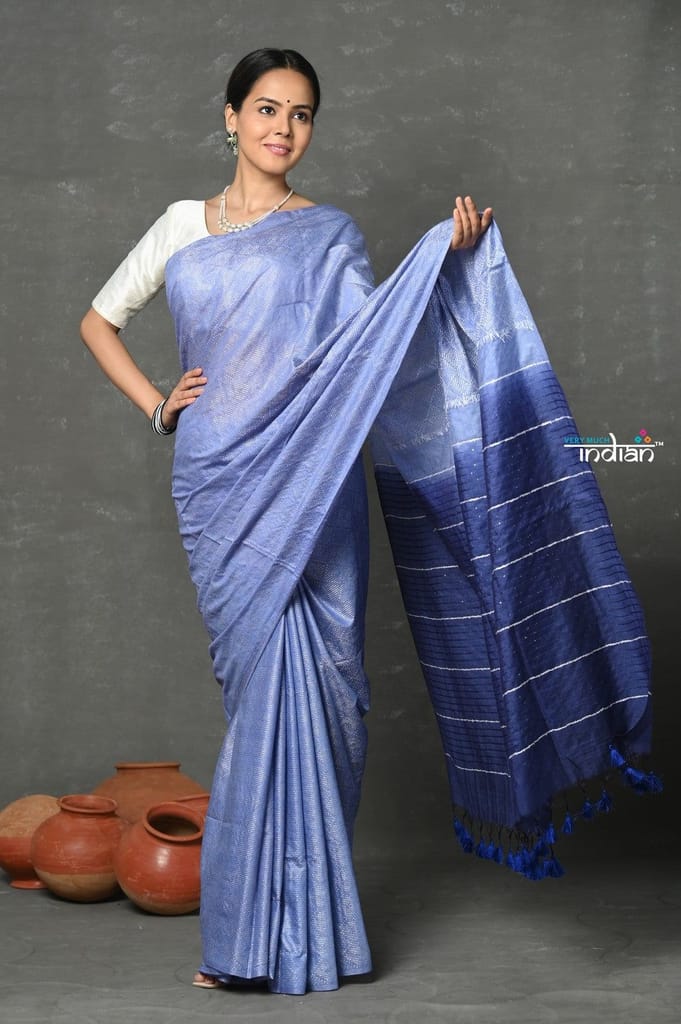 Tyohaar ~ Designer! Cotton Viscose Saree With Sleek Golden Border - Heather Blue - Sarees | Buy online on ZillyBuy