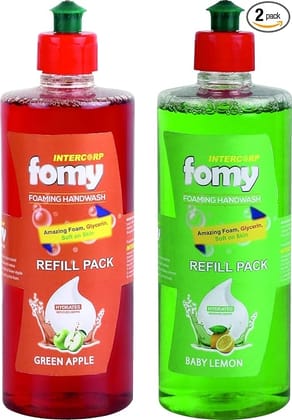 Intercorp Fomy Antibacterial Soft Refreshing Foaming Hand Wash Refill, 500 ml Each (Green Apple & Baby Lemon - Pack of 2) Intercorp Fomy Antibacterial Soft Refreshing Foaming Hand Wash Refill, 500 ml Each (Green Apple & Baby Lemon - Pack of 2)