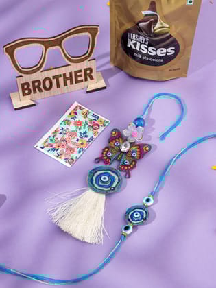 NVR Blue Evil Eye Artificial Beads Set of 2 Bhaiya Bhabhi Rakhi Combo-One Size / Blue