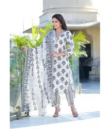 Juniper Cotton Blend Printed Kurti With Dhoti Pants Women's Stitched Salwar Suit - Grey ( Pack of 1 )