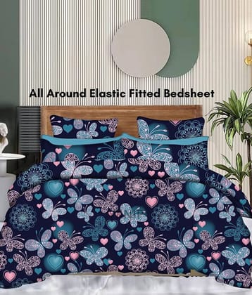 YKNIP Cotton Floral Printed Fitted 1 Bedsheet with 2 Pillow Covers ( King Size ) - Blue