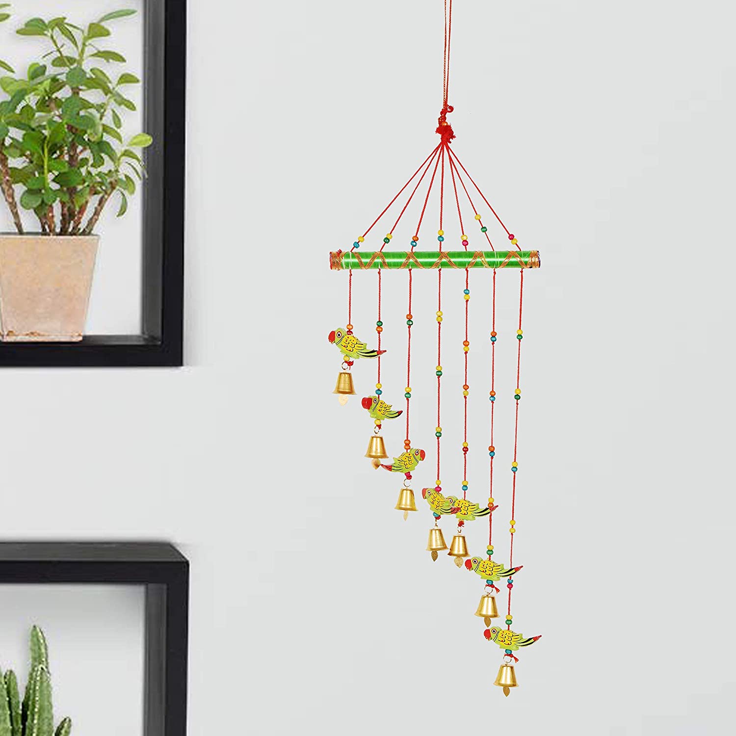 DreamKraft Parrot Wooden Hanging Windchime (77 cm, Multicolor)