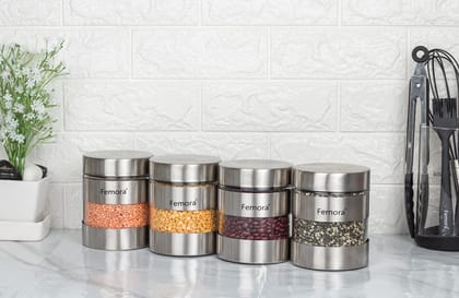 Femora Metallic Clear Glass Kitchen Storage Jars, 700 ml, Set of 4, Free Replacement of Lids