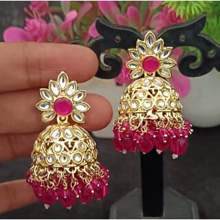 Raani Ruby CZ Monalisa Stones with Precious Pearls Jhumki Earrings Set