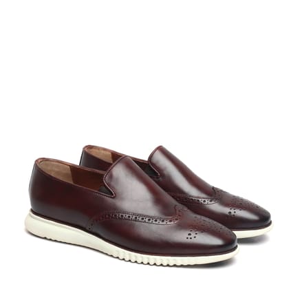 Dark Brown Burnished Leather Wingtip Light Weight Loafers By Brune & Bareskin-40/6