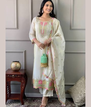 Niza Fashion Viscose Embroidered Kurti With Pants Women's Stitched Salwar Suit - Cream ( Pack of 1 )