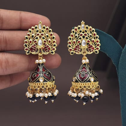 Maroon Color Meenakari Earrings (MKE1998MRN)-Length: 7.50 CM x Width: 2.00 CM / Maroon / Alloy With Good Quality Gold Plated