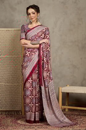 Off White Ajrak Crepe Block Print Sarees
