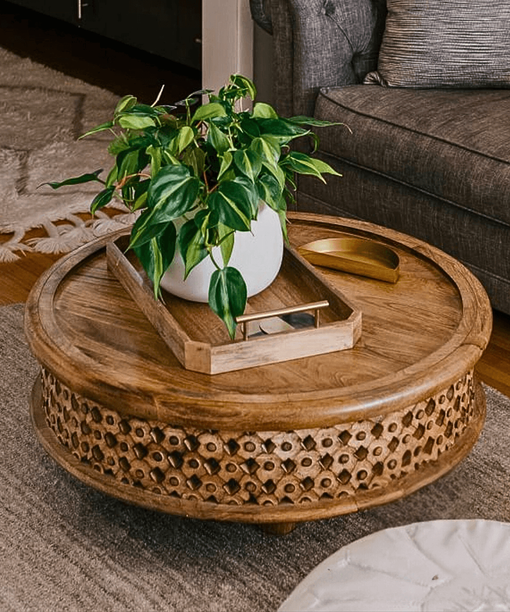 Niktan Export Wooden Carved Table in Raw Mango Lattice – Handcrafted Round Coffee Table for Living Room