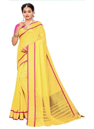 Generic Women's Cotton Silk Saree with Blouse (Yellow, 5 - 6 Mtrs)
