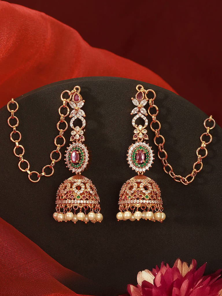 Antique Gold Plated Ruby Red Zircon AD Studded With Matil Earchain Earrings - Earrings | Buy online on ZillyBuy