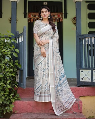 Beige and Blue Floral Printed Pure Cotton Linen Saree with Blouse and Tassels-Regular