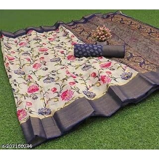 Dark BlueColour Flower Printed Cotton Saree With Blouse Piece