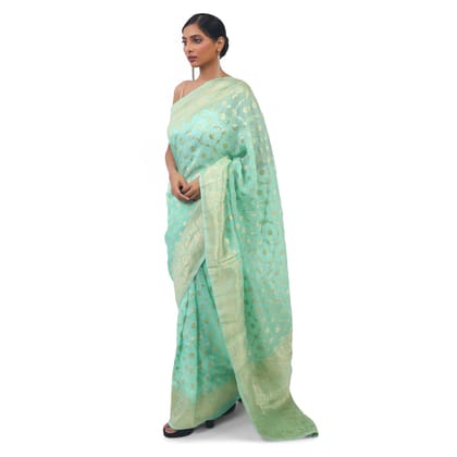 TheHangr Sea Green Organza Saree With Silver Work