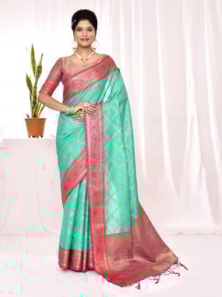 Sea Green Soft Silk Banarasi Woven Chex Weaving Saree