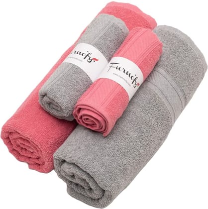 Furnofy Cotton 450 GSM Bath, Hand Towel Set Pink, Grey (Pack Of 4)