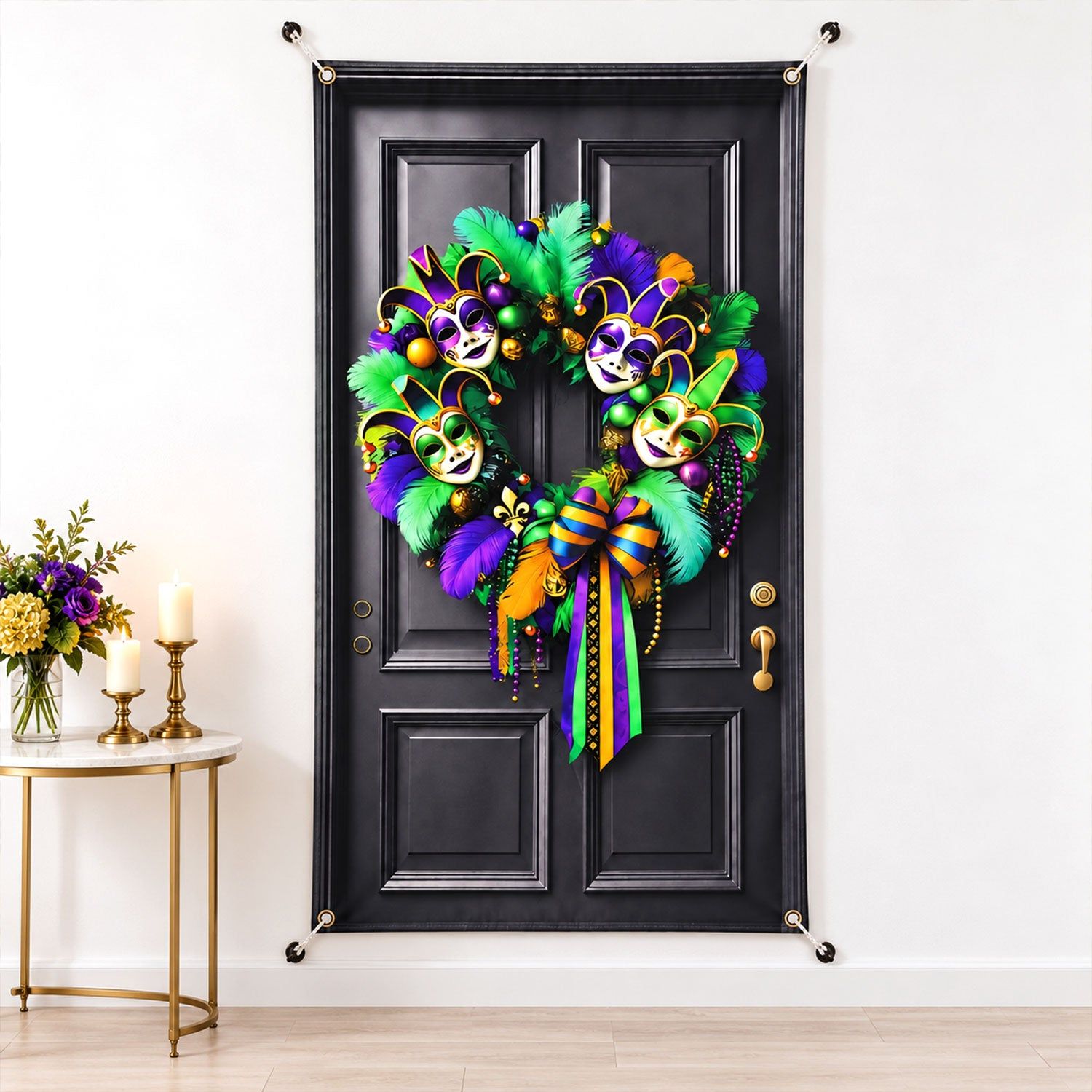 Mardi Gras Door Backdrop Curtain with Printed Wreath for Party Decor (210x110 Cm)