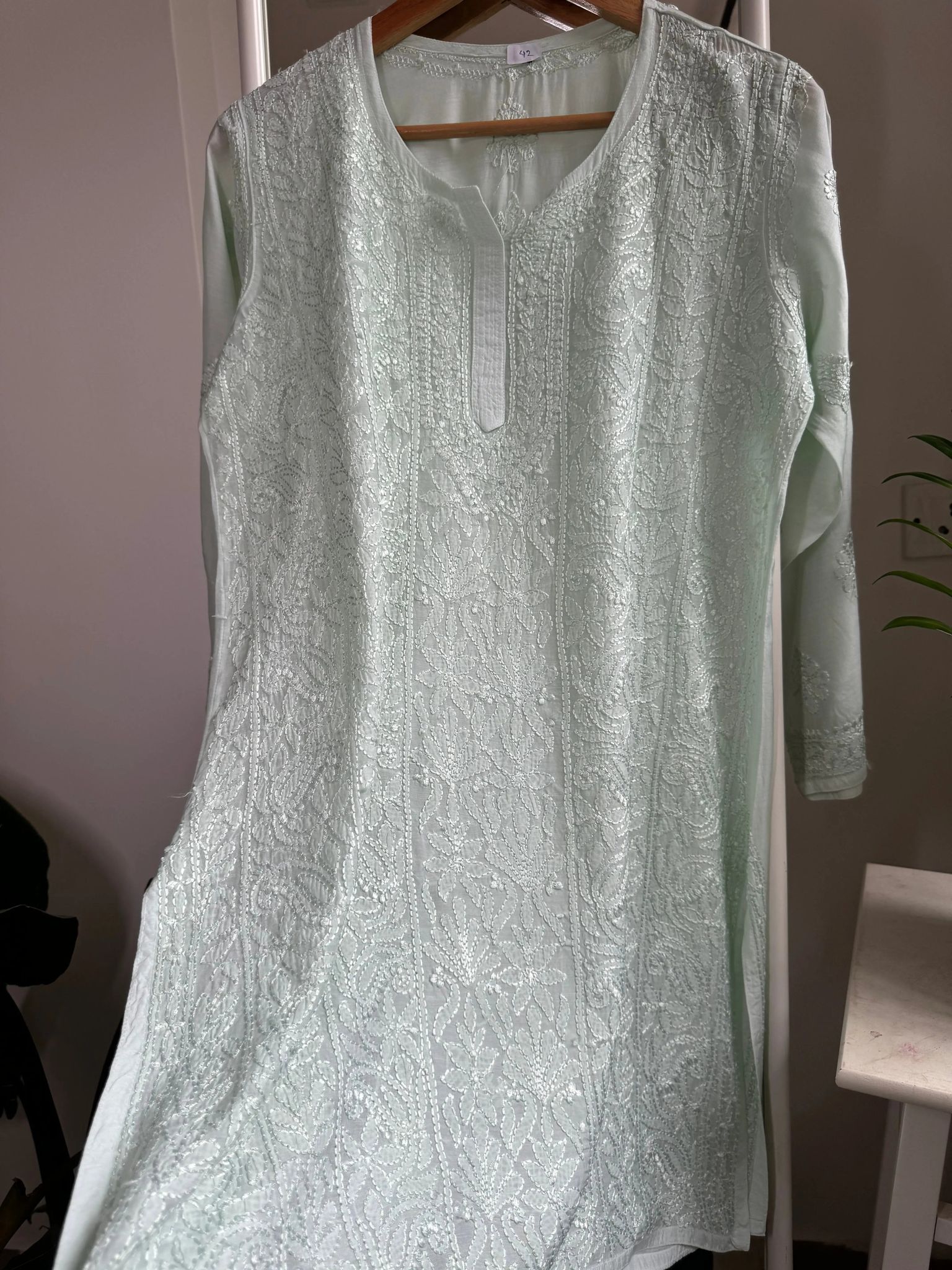 Chikankari Muslin short Top in Green-Green / cotton / XS