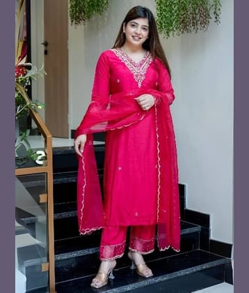 Niza Fashion Women Silk Embroidered Straight Kurti With Pants ( Pink )