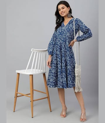 Janasya Women Cotton Printed Fit & Flare Dress ( Navy Blue )