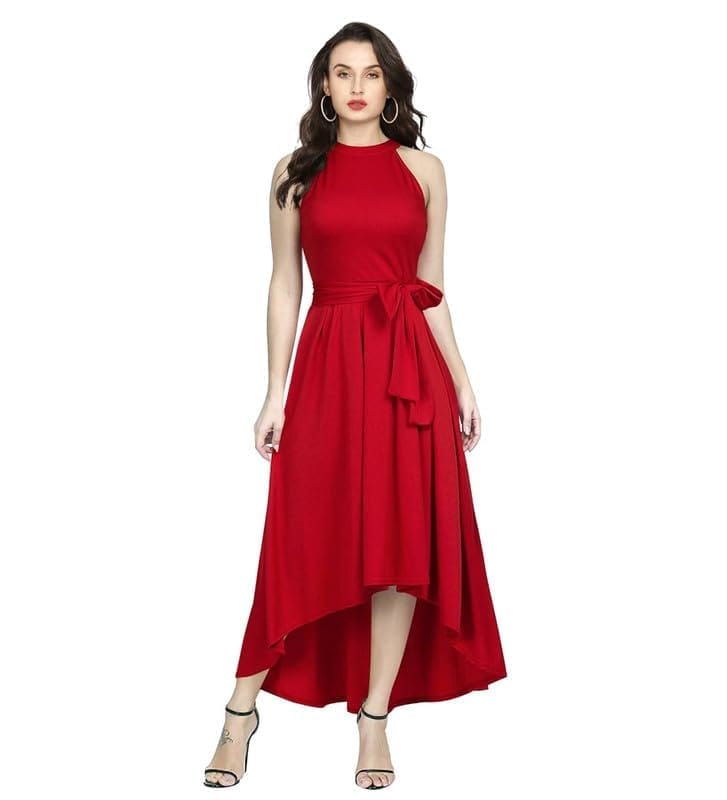 Women's Polyster Solid Helter Neck Sleeveless Dresses (Red, S)-PID56768